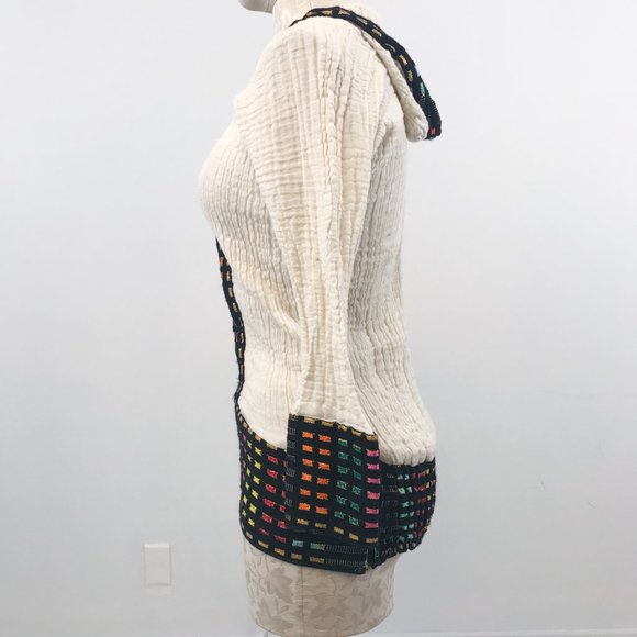 Vintage 70s Surfer Rainbow Stripe Baja Hoodie Cream - Picture 5 of 8